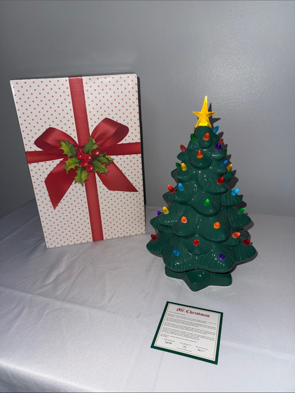 Green Ceramic Christmas Tree with Multicolor Lights and Gold Star Topper